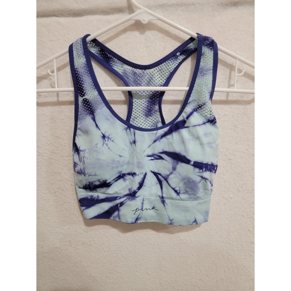 PINK Victoria's Secret Sports Bra Medium M Tie Dye Blue Seamless Padded Active‎